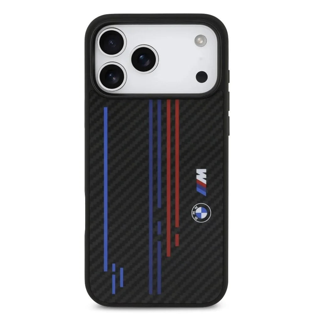 BMW iPhone 17 Pro Max Back cover case - MagSafe Kevlar Case With Printed Tricolor & Metal Logos - Black